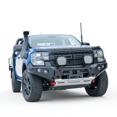 Blue Ford Ranger bakkie pickup truck with off-road modifications and Rockarmor bumper bull bar on a white background