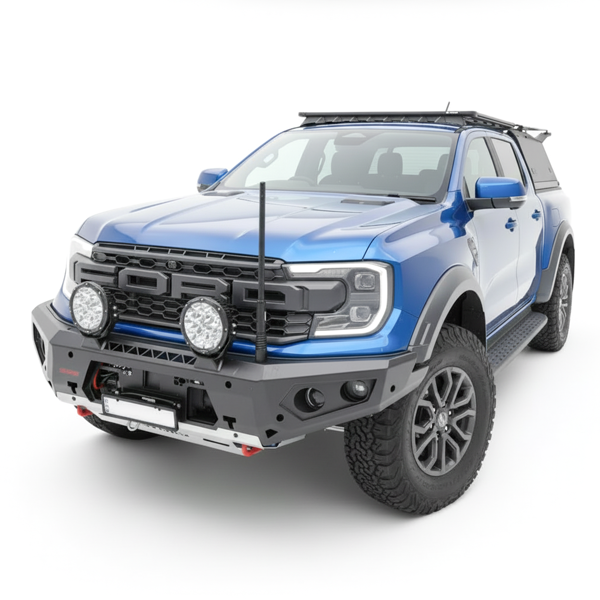 Blue Ford Ranger bakkie SUV with Rockarmor bumber, additional lights and equipment on a white background