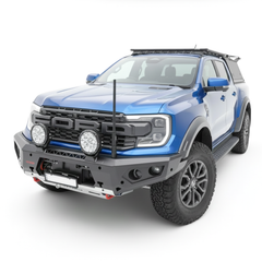 Blue Ford Ranger bakkie SUV with Rockarmor bumber, additional lights and equipment on a white background