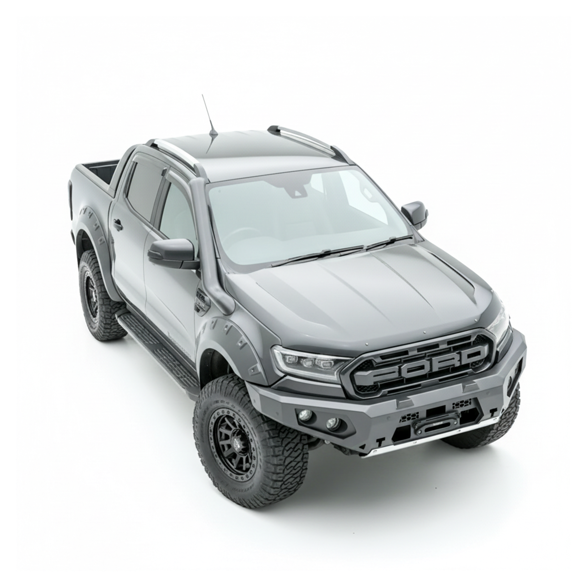 Grey Ford bakkie with Rockarmor bumper on a white background