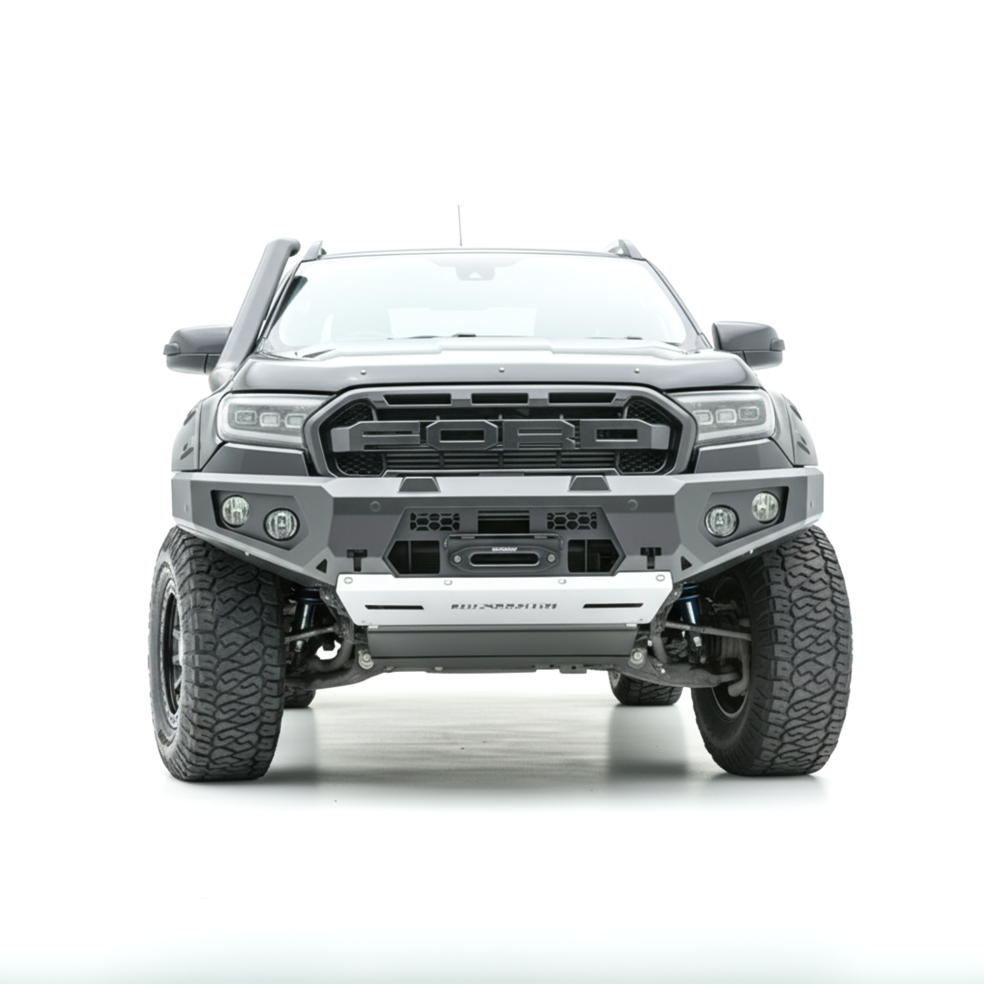 Front view of a gray Ford Ranger truck with Rockarmor bumper bull bar on a white background