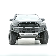 Front view of a gray Ford Ranger truck with Rockarmor bumper bull bar on a white background