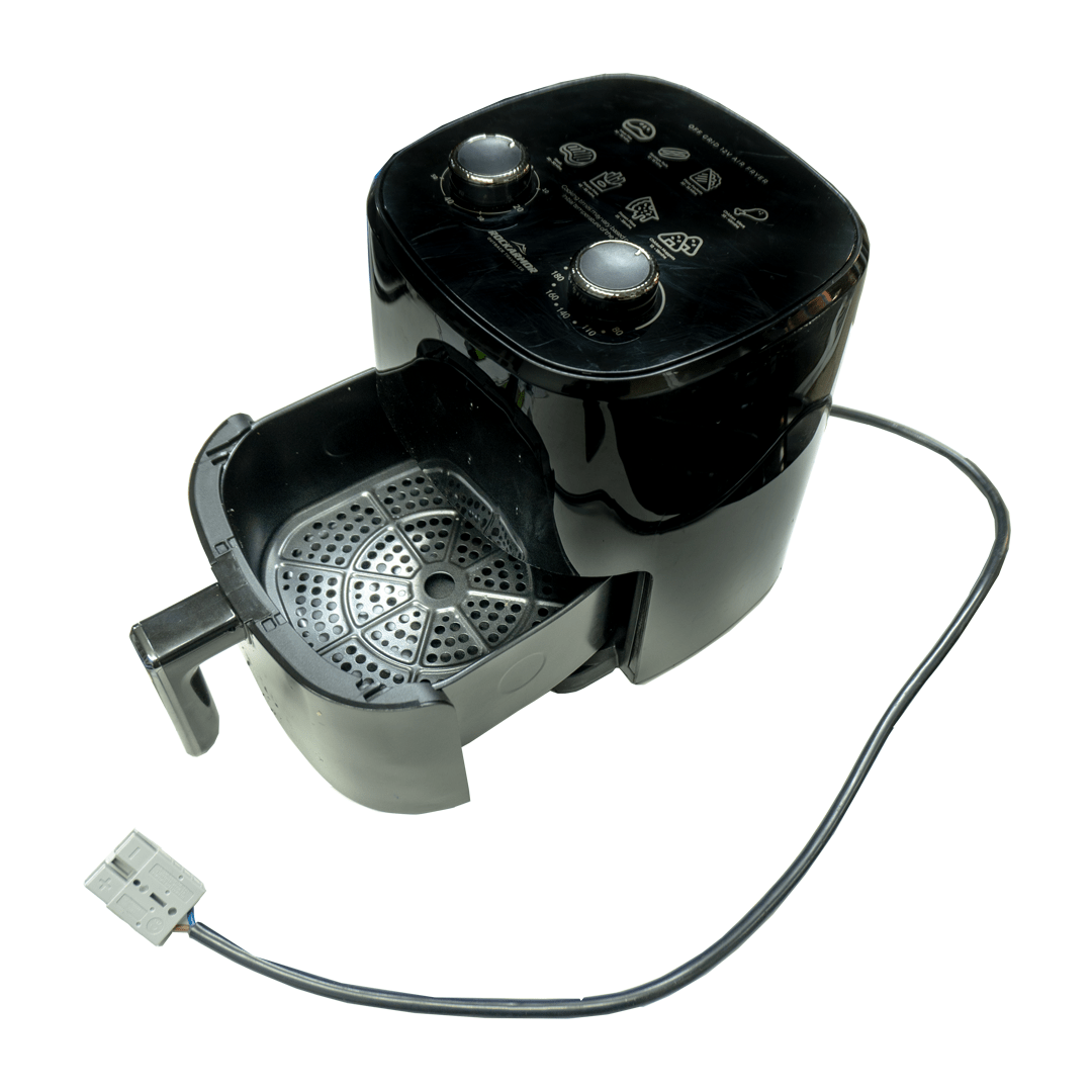 Black 12V camping air fryer basket with control panel and power cord on a white background
