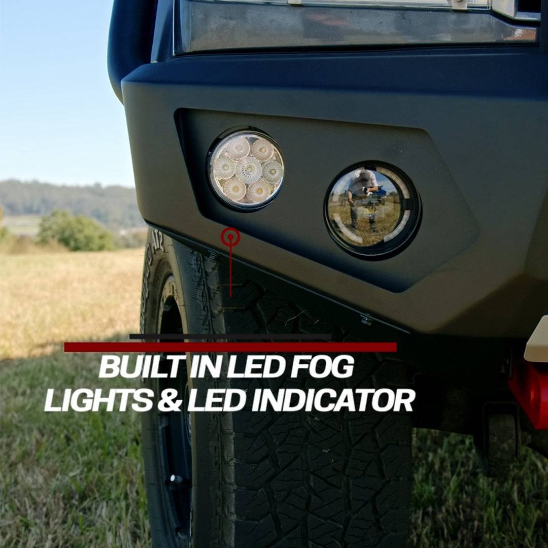 Close-up of the front bumper and wheel area of an off-road vehicle outdoors, showing two round built-in LED fog lights and a circular LED indicator. White text overlay reads 'BUILT IN LED FOG LIGHTS & LED INDICATOR'.