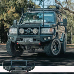 A dark green customised Toyota Land Cruiser off-road vehicle with a heavy-duty front bull bar and roof rack, shown on a road with trees in the background. A smaller inset image at the bottom shows a close-up of the front bull bar.