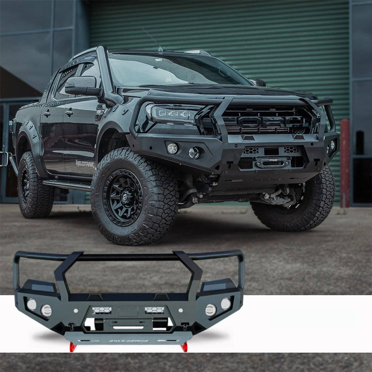 A black heavy-duty truck bull bar front bumper guard shown installed on a dark Ford Ranger bakkie pickup truck, with a separate isolated view of the bumper guard at the bottom on a white background.