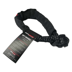 Black nylon soft shackles with a braided rope end, shown with a black product tag on a white background.