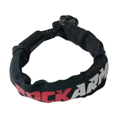 A black soft shackle for vehicle recovery, photographed on a solid white background.
