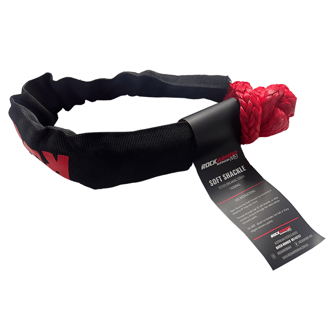 Black and red Rockarmor Soft Shackle with a black tag attached, photographed on a solid white background.