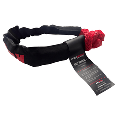 Black and red Rockarmor Soft Shackle with a black tag attached, photographed on a solid white background.