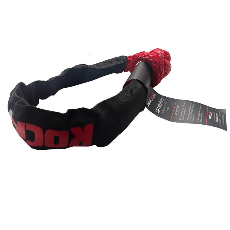 A black and red soft shackle for vehicle recovery, photographed on a solid white background.