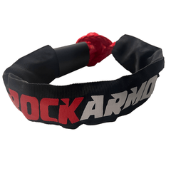 Black and red Rockarmor Soft Shackle with a black tag attached, photographed on a solid white background.