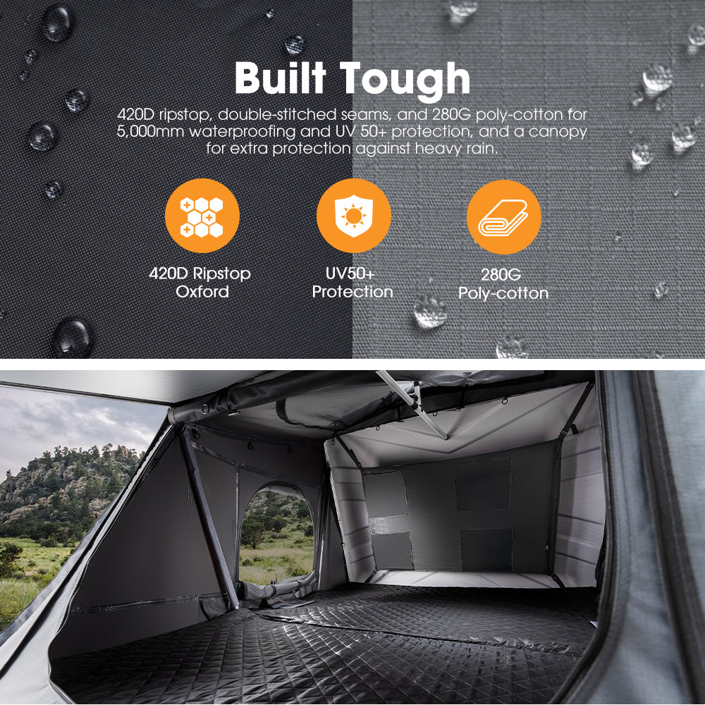 Car roof tent with waterproof material and UV protection features, set against a scenic background.