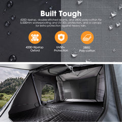 Car roof tent with waterproof material and UV protection features, set against a scenic background.