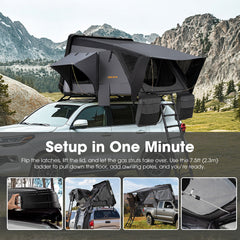 Roof top tent setup instructions with mountainous landscape background