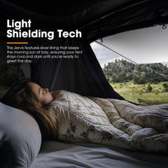 Person sleeping in a tent with light shielding technology, surrounded by nature.