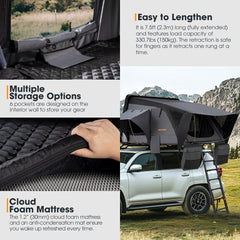 Collage of a rooftop tent with features highlighted, including storage options and a cloud foam mattress.
