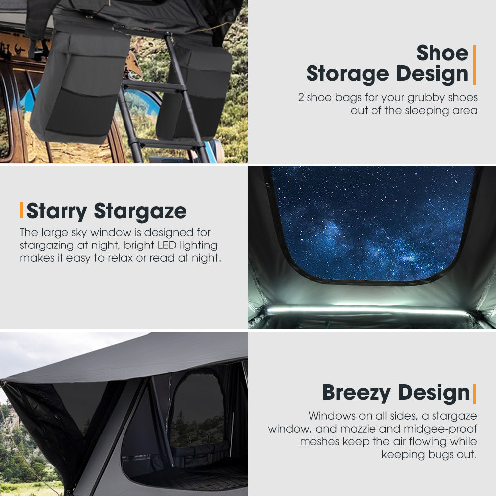 Collage of features including shoe storage, starry sky window, breezy design for ventilation, and bug-proof camping tent meshes.