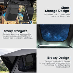 Collage of features including shoe storage, starry sky window, and breezy design of a camping tent.