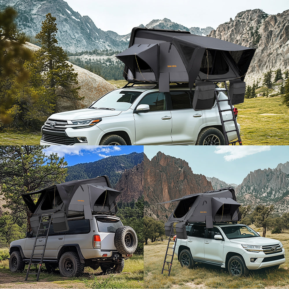 Collage of a white SUV with a rooftop tent in a mountainous landscape
