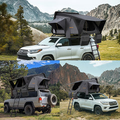 Collage of a white SUV with a rooftop tent in a mountainous landscape