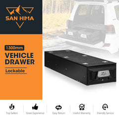 San Hima vehicle drawer with lockable feature on an orange and black background