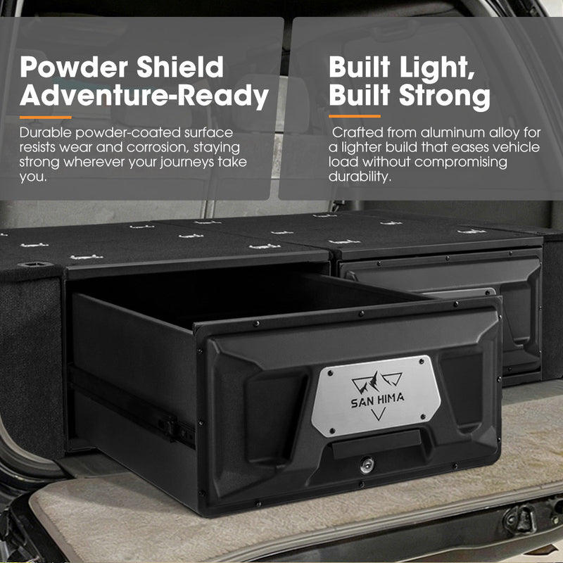 Black storage box with 'San Hima' branding on a vehicle's open trunk, featuring text about durability and design.