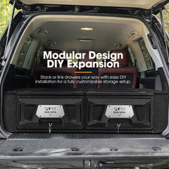 Car trunk with modular storage drawers labeled 'Modular Design DIY Expansion'.