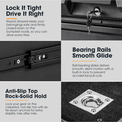 Collage of features including keyed drawers, bearing rails, anti-slip top, and tie-down anchors on a black surface.
