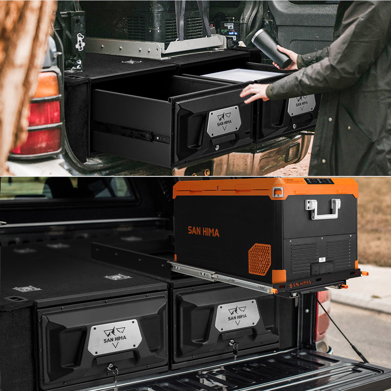 Person opening a storage compartment in a vehicle with a San Hima cooler visible.