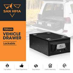 San Hima vehicle drawer with lockable feature on an orange and black background