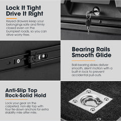 Collage of features including keyed drawers, bearing rails, anti-slip top, and tie-down anchors on a black surface.