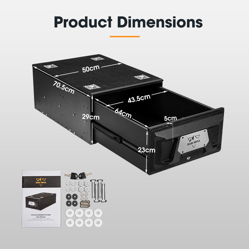 Black storage box with dimensions labeled on a gray background