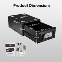 Black storage box with dimensions labeled on a gray background