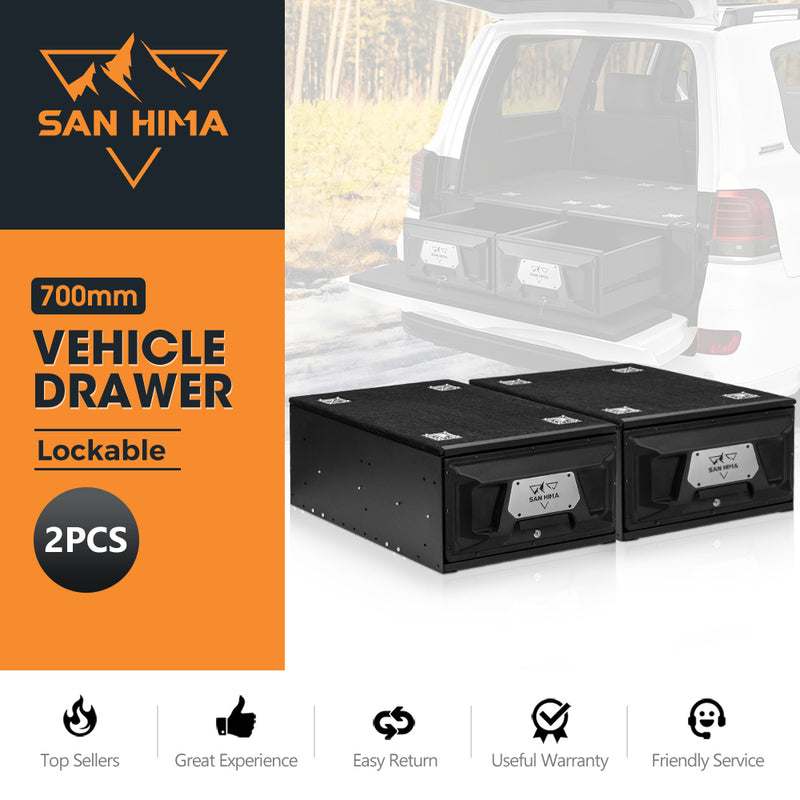 San Hima vehicle drawer set with lockable feature displayed against a car and forest background.