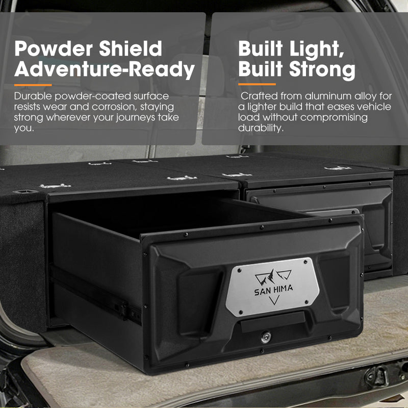Black storage box with 'San Hima' branding on a vehicle's open trunk, featuring text about durability and design.