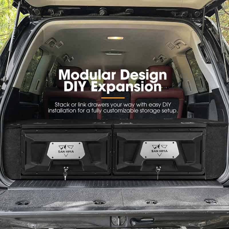 Car trunk with modular storage drawers labeled 'Modular Design DIY Expansion'.