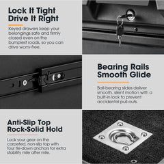 Product features with text on lockable drawers, smooth glide bearing rails, and anti-slip top.