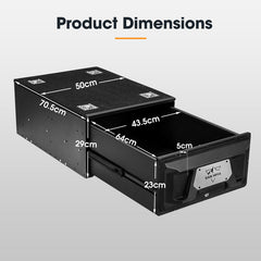 Black storage drawer with dimensions labeled on a gray background