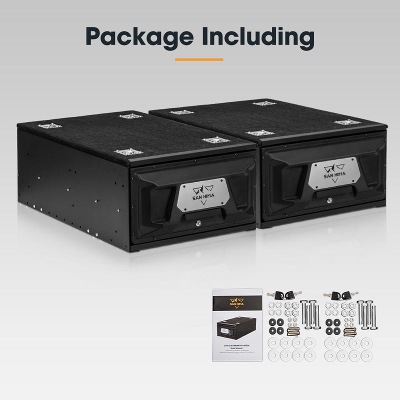 Two black boxes with a brand logo on a gray background, accompanied by a list of included items.