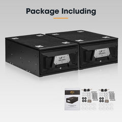 Two black boxes with a brand logo on a gray background, accompanied by a list of included items.