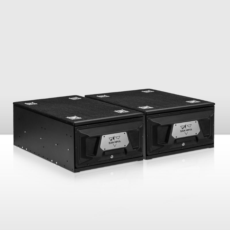 Two black storage boxes with labels on a white background