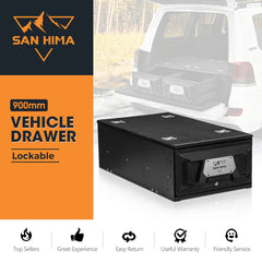San Hima vehicle drawer with lockable feature on an orange and black background