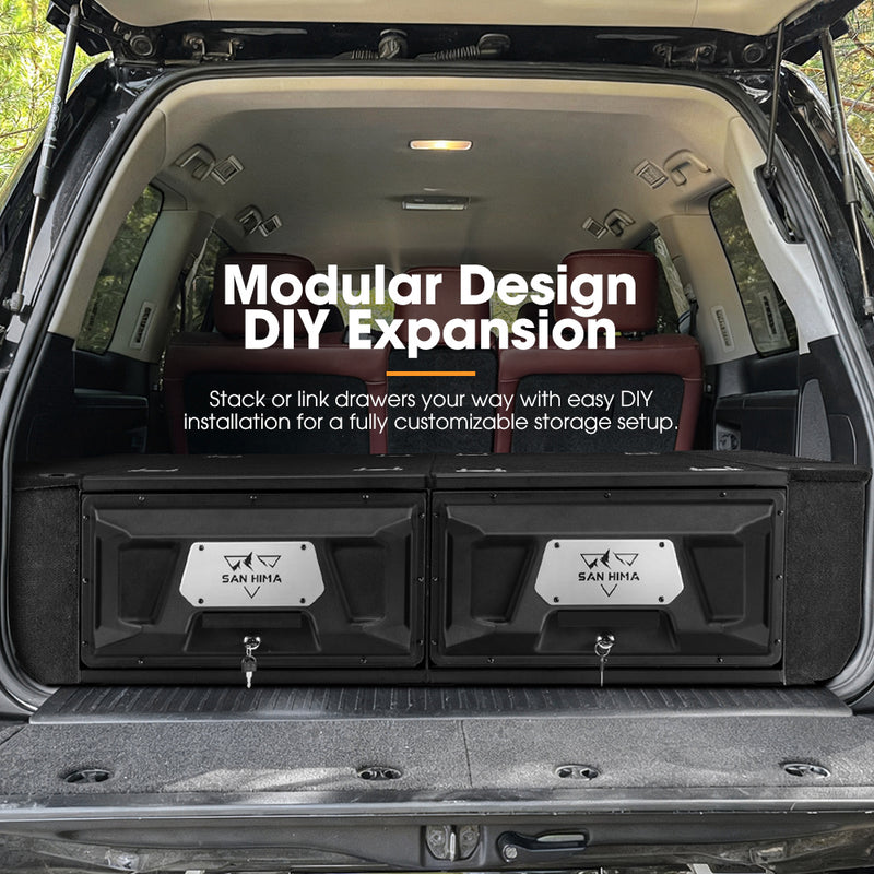 Car trunk with modular storage drawers labeled 'Modular Design DIY Expansion'.