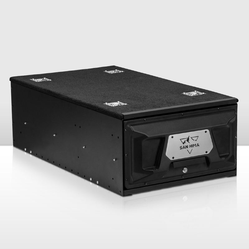 Black 4x4 drawer storage box with a brand logo on a white background