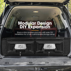 Car trunk with modular storage drawers labeled 'Modular Design DIY Expansion'.