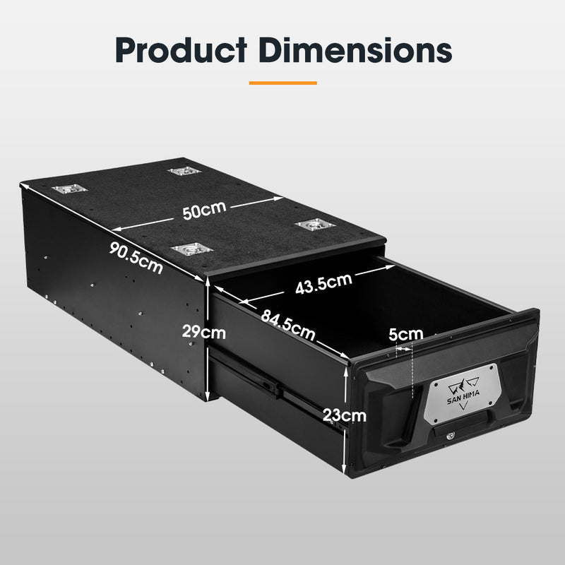 Black underbed storage box with dimensions labeled on a gray background
