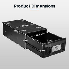 Black underbed storage box with dimensions labeled on a gray background
