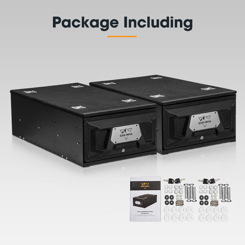 Two black boxes with a brand logo on a gray background, accompanied by a smaller box and components on the right.
