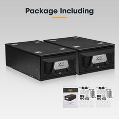 Two black boxes with a brand logo on a gray background, accompanied by a smaller box and components on the right.